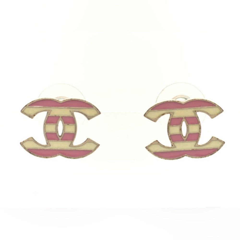Chanel Pink and White Striped Logo Earrings - Picture 6 of 6